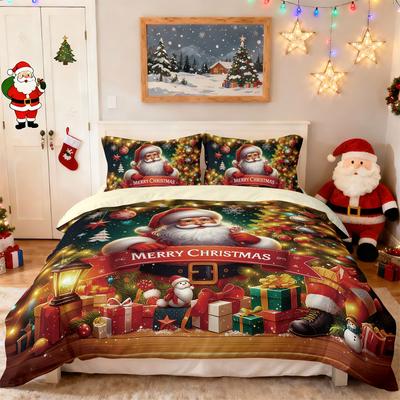 3-teiliges Frohe Weihnachten Weihnachtsmann Bedrucktes Chipfreies Bettwäscheset Weich Studentenwohnheim Schlafzimmer Mehrere Größen Maschinenwaschbar