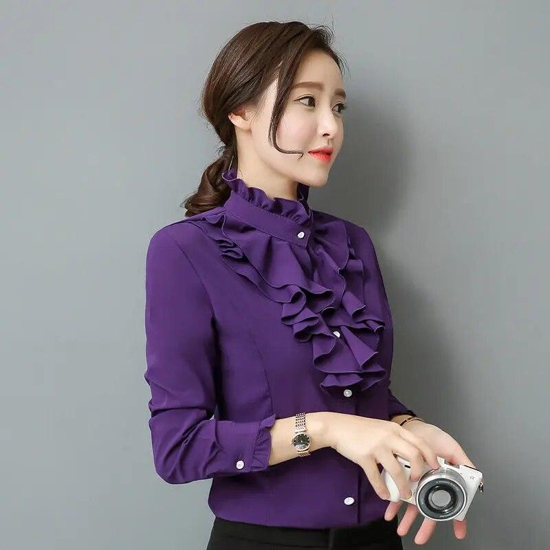 Spring Autumn New Stand Collar Ruffle Long Sleeve Blouse Women's Korean Professional Bottoming Shirt Solid Color Chiffon Shirt