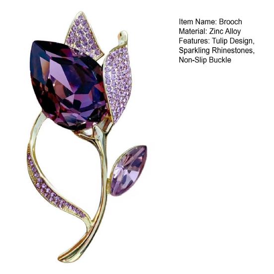 Women Brooch High-Gloss Rhinestone Inlay Sparkling Tulip Design Lapel Pin Non-Slip Buckle Scarf Badge Clothing Bags Accessories