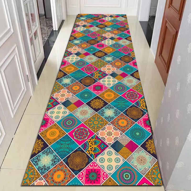 Bohemia Hallway Corridor Carpet Living Room Area Rug Flower Bedside Rug for Bedroom Boho Striped Anti-slip Kitchen Mats