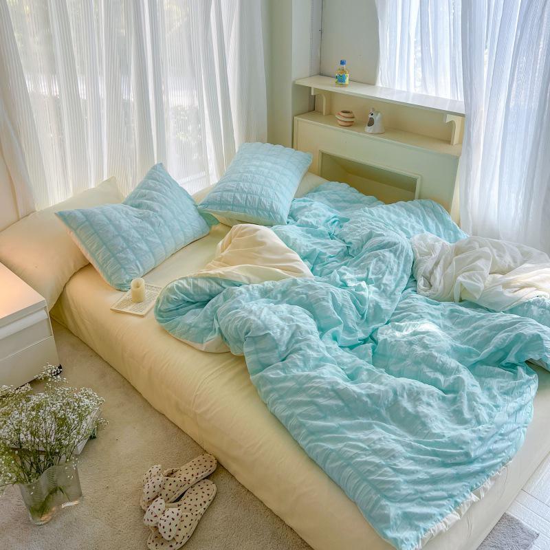 Korean Style Seersucker Cotton 4-Piece Bed Set - Girlish Duvet Cover & Sheet for Dorms (3-Piece)