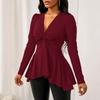 T-shirt da donna S con scollo a V, torsione, tinta unita, manica lunga, top casual