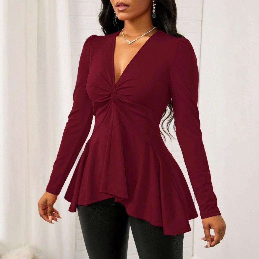T-shirt da donna S con scollo a V, torsione, tinta unita, manica lunga, top casual