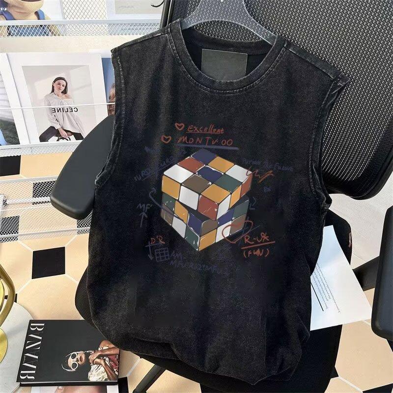 

2025 Мужской Летний Новый Тренд Повседневный Безрукавный Жилет для Студентов Свободного Кроя Универсальный Влагоотводящий Выстиранный Винтажный Стиль Футболка-Жилет 5XL серый