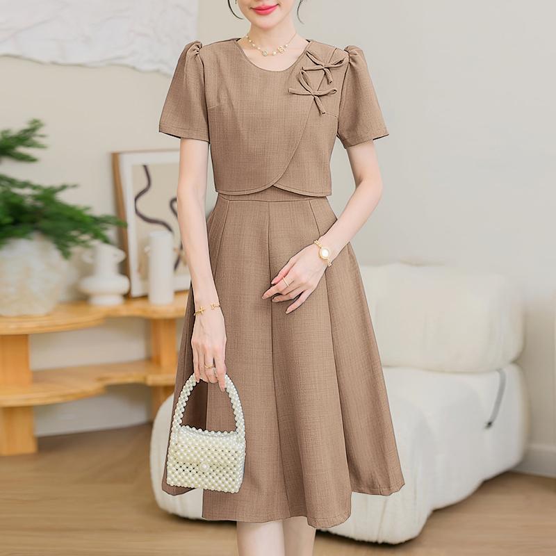

ZANZEA Women Elegant Splice Casual Round Neck Short Sleeve Dress 5XL хаки