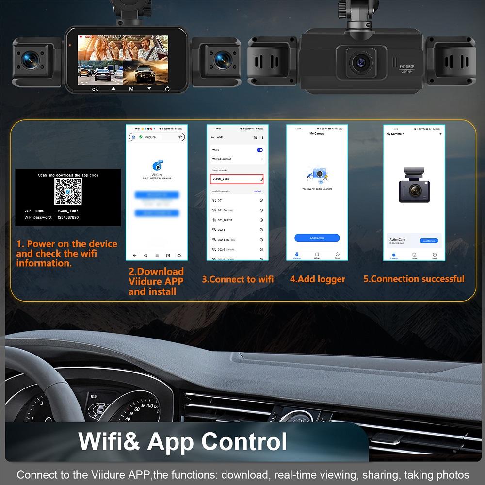 Cámara de salpicadero para coches 4 canales Caja negra WiFi Cámara de conducción FHD 1080P Visión nocturna Grabación en bucle Accesorios para coche