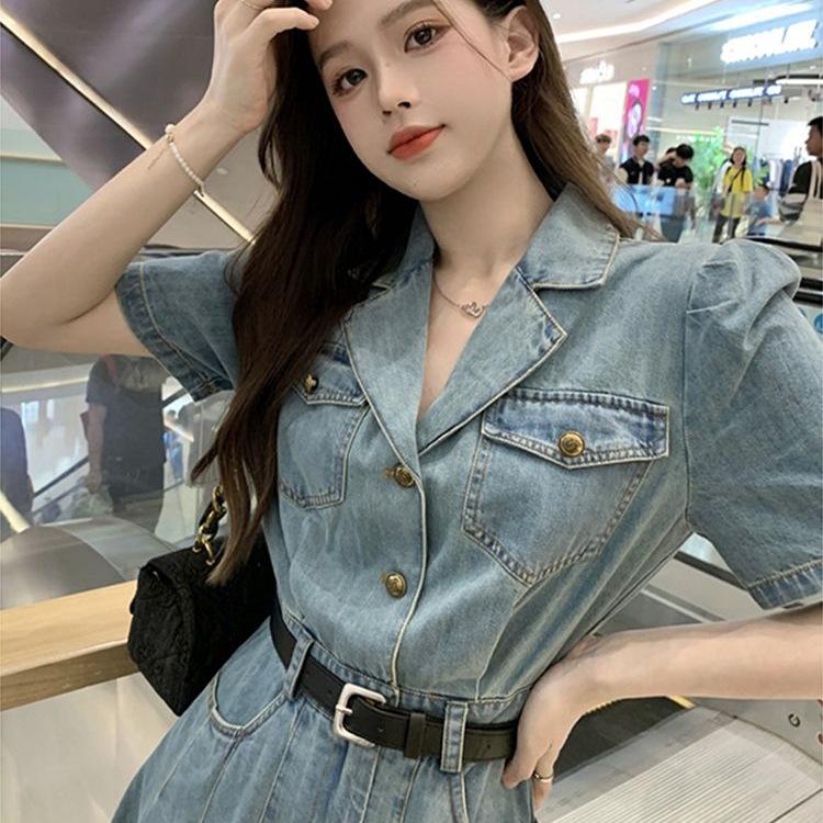 French Style Slim Denim Dress with Pleated Skirt & Belt