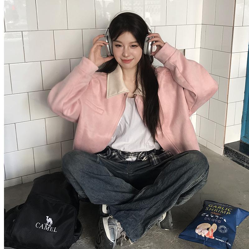 New Retro Short Lapel Coat Women's Autumn and Winter Loose Baseball Jacket Top