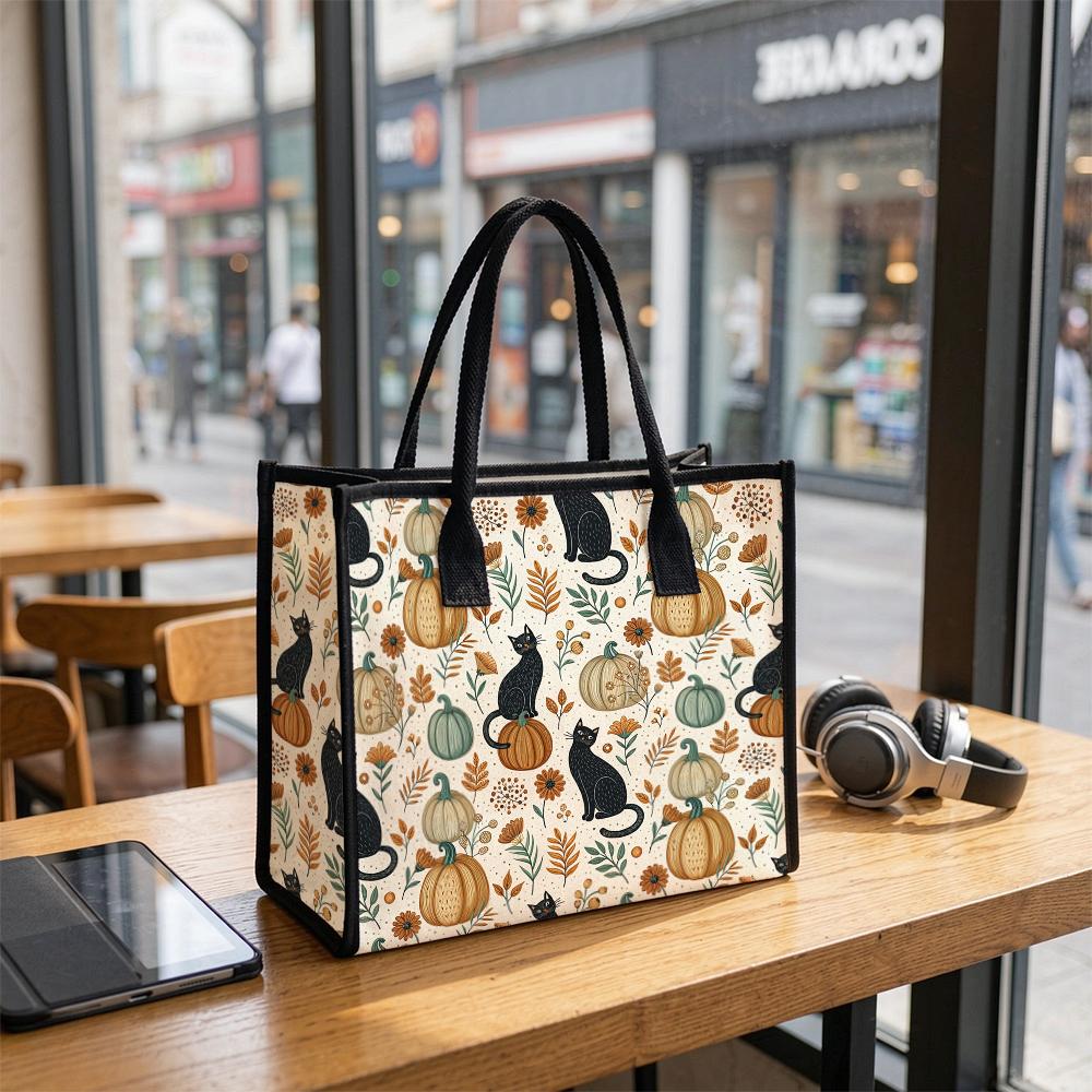 Autumn Pumpkin Cat Print Tote Bag Casual Reusable Daily Shopping Handbag