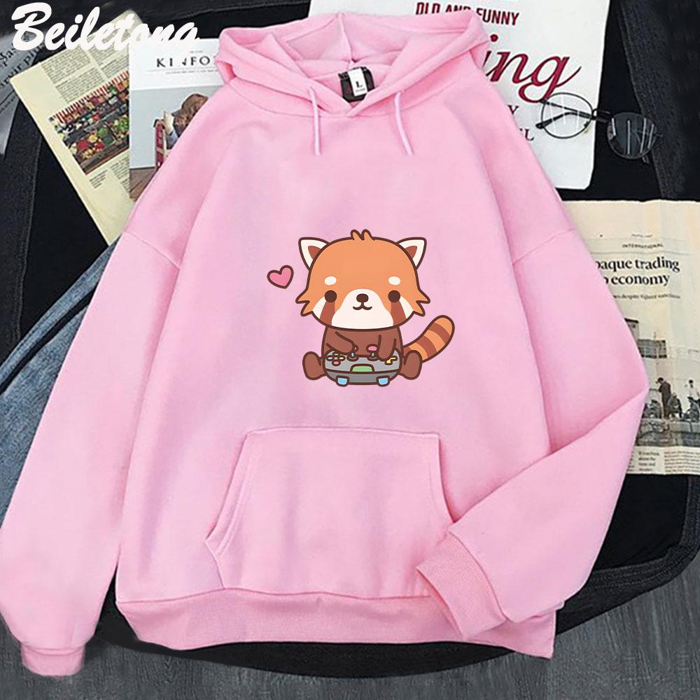 Anime Cute Little Red Panda Playing Video Hoodie for Men Women Casaul Loose Sports Hooded Sweatshirts Unisex Y2k Clothes Tops