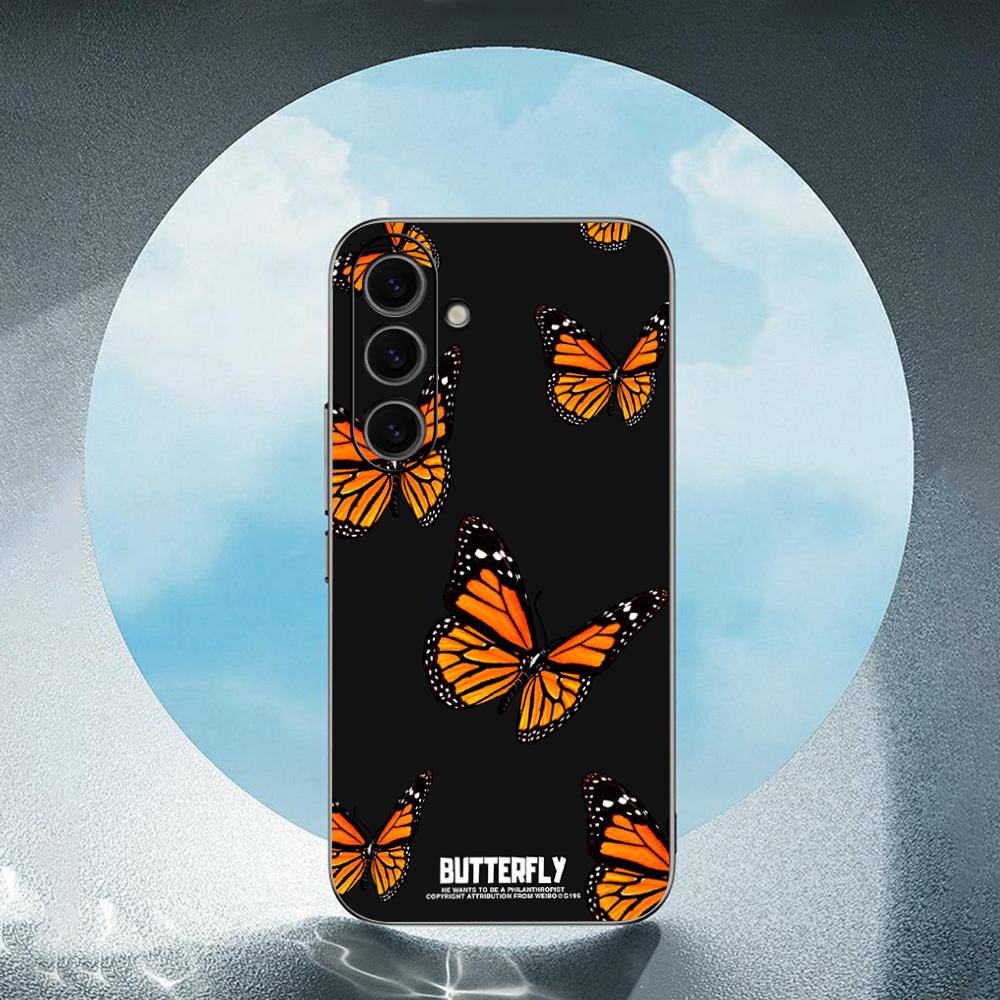 Beauty Blue Butterfly For Samsung Galaxy S25 S24 S23 Ultra S22 S21 Plus S20 Black Soft Silicone Protective Case