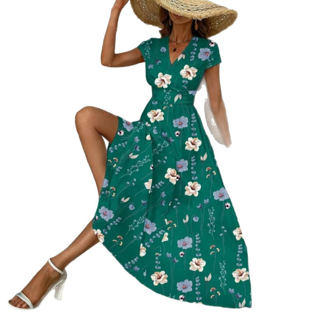 European and American summer V-neck long dress, flower printed small flying sleeves waist A-shaped dress