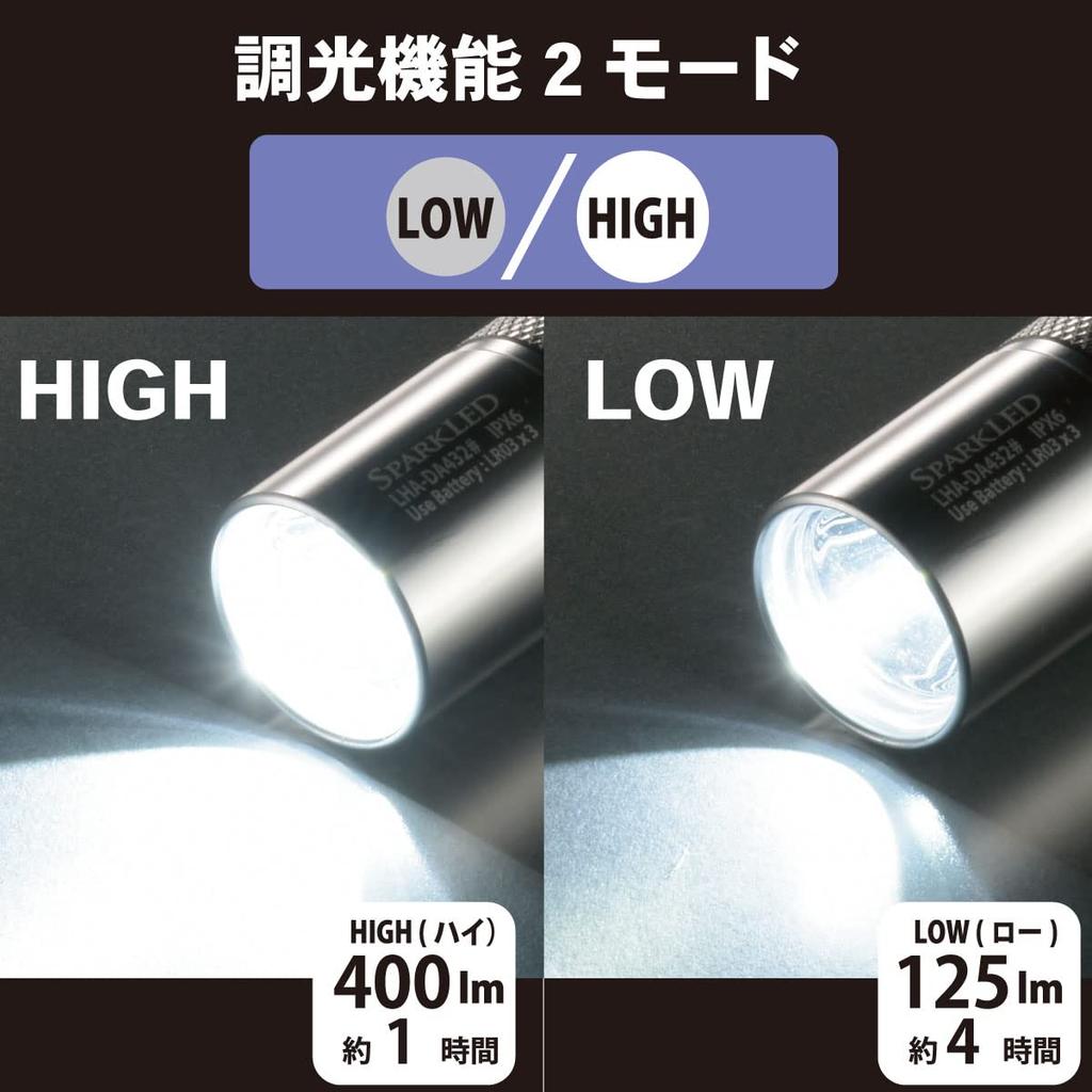 OHM Electric Waterproof Flashlight with Sparkled Pure 400 ANSI Aluminum Body LHA-DA432-S2 Beam, Lumens, Dimmable, IPX6, Compliant, (Product Code