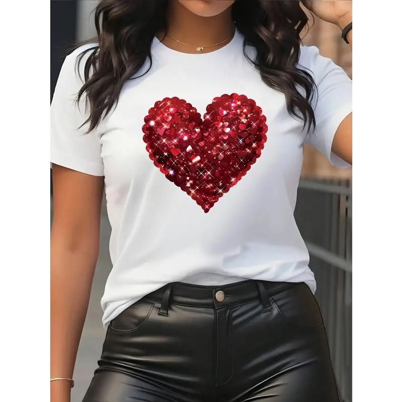 Europäische Größe Herz Kunst Aufdruckmuster - Elegant Und Stilvoll - Damen Rundhals Pullover T-Shirt, Lässige Sport Kurzarm Verfügbar