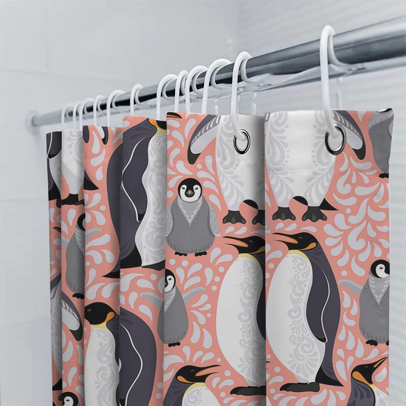 Pink and White Penguin Shower Curtain Set Waterproof Bath Decor for Kids Room 3D Printed Fabric Available in Different Sizes Fas