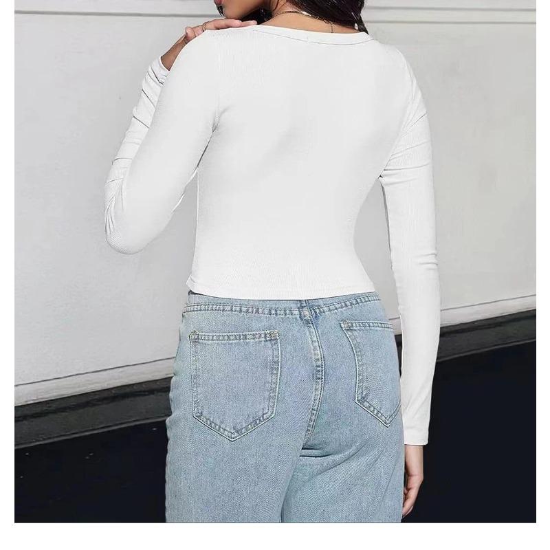 Womens Square Neck Ribbed Knit Long Sleeve Crop Top Casual Solid Color Fitted Blouse