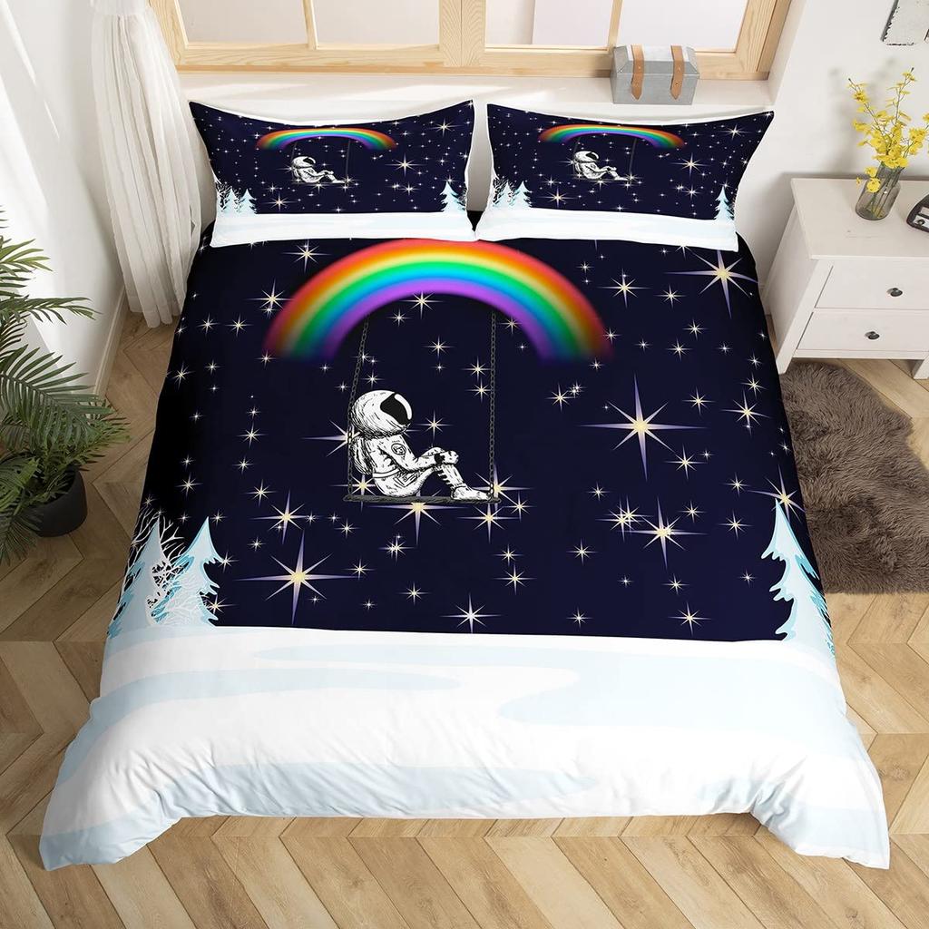 Cartoon Astronaut Duvet Cover Set Moon Clouds Starry Sky Quilt Cover Microfiber Galaxy Bedding Set Twin King For Boys Girls Gift