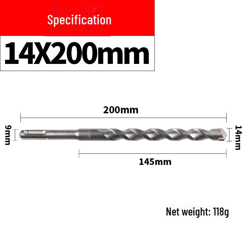 Impact Hammer Drill Bit for Drilling Through Concrete and Cement Walls with Round and Square Handles, Two Pits, and Two Grooves.