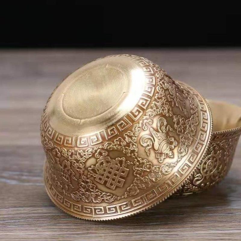 Mini Gold Brass Buddhist Bowl Auspicious Tibetan Tribute 25ml Engraving Holy Water Cup Meditation Bowl Home's Gift Decorative