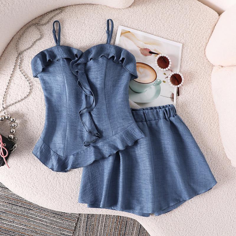 

Модный детский комплект: топ-бандо с рюшами и пэчворком и шорты, Осенний милый комплект для девочек 130cm=8Y синий