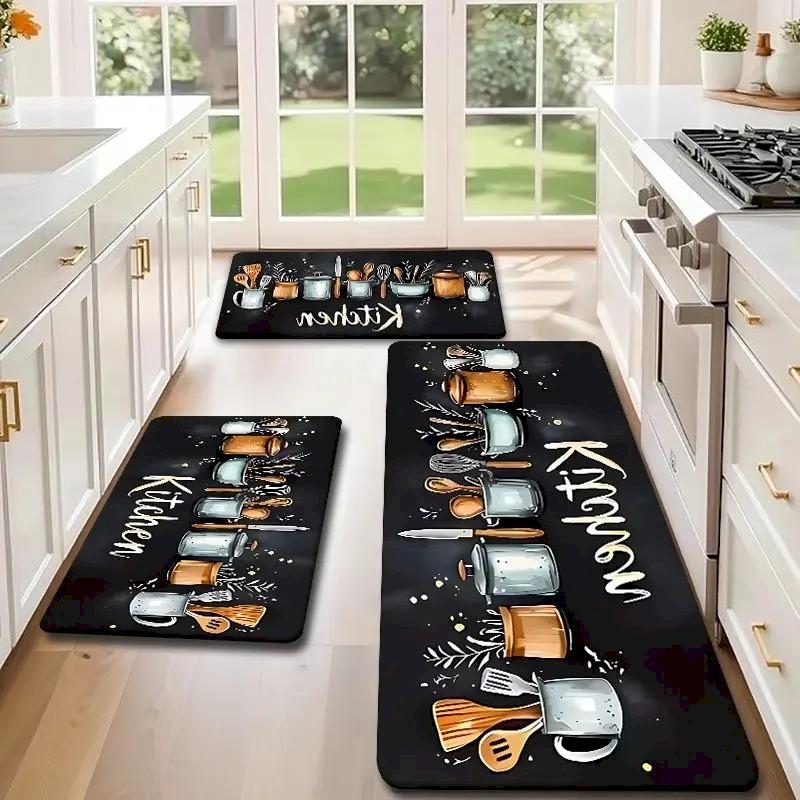Kitchen Utensil Rug Set,Non Slip Oil Absorb Washable Anti Fatigue Mat,Black Letter Kitchen Entry Decor Floor Rug