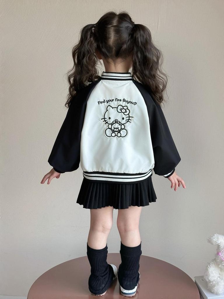 Girls' Cat-Themed Baseball Jacket - 2025 Spring/Autumn Casual Children's Top
