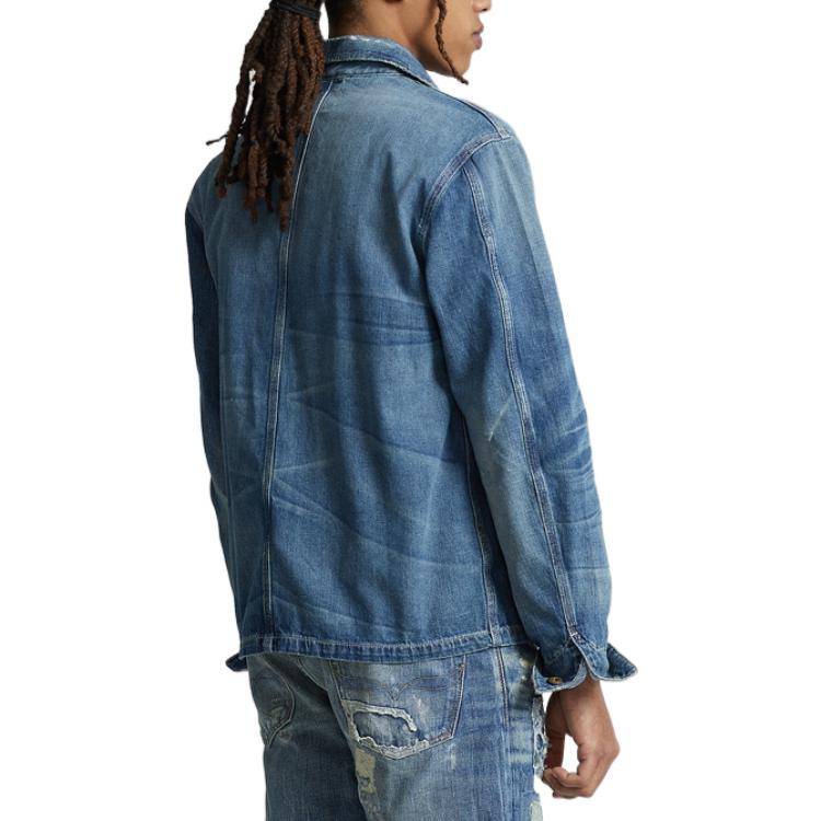 Polo Ralph Lauren FW22 Solid Color Washed Distressed Pocket Decorated Single-Breasted Casual Long Sleeve Denim Jacket Men jackets Blue MNPOOTW16020881