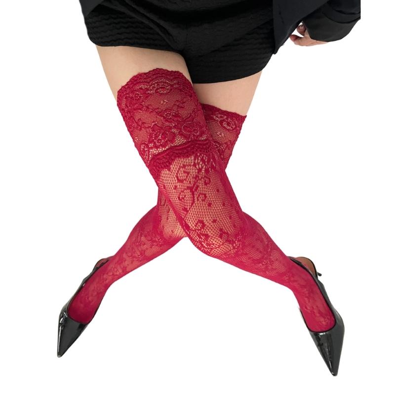 Vintage Colorful Patterned Over Knee Socks Floral Lace Trim Fishnet Mesh Stretchy Nylon Thigh High Stockings For Women