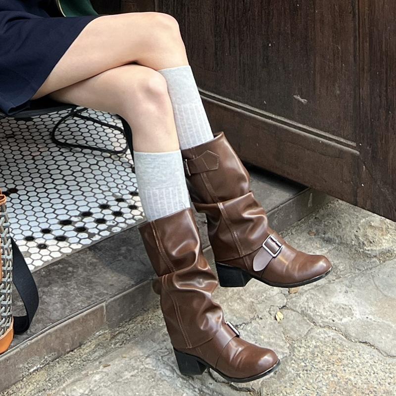 Retro Locomotive Boots Women's Spring and Autumn New High-heeled French Stacking Boots Pleated Martin Boots