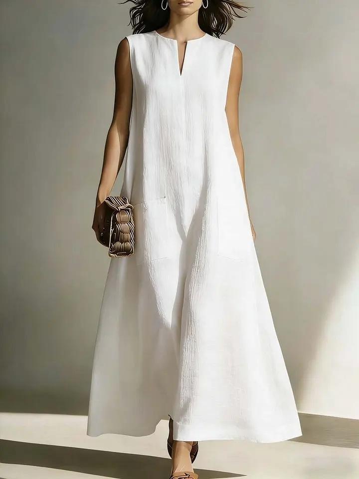 Women Casual Simple Solid Color V Neck Sleeveless Midi A Line Dress S