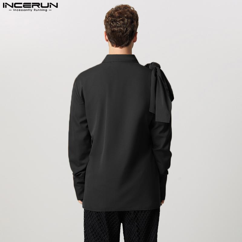 INCERUN Men Irregular Ruffled Shirts Front Cross Hollow Long Sleeve Tops