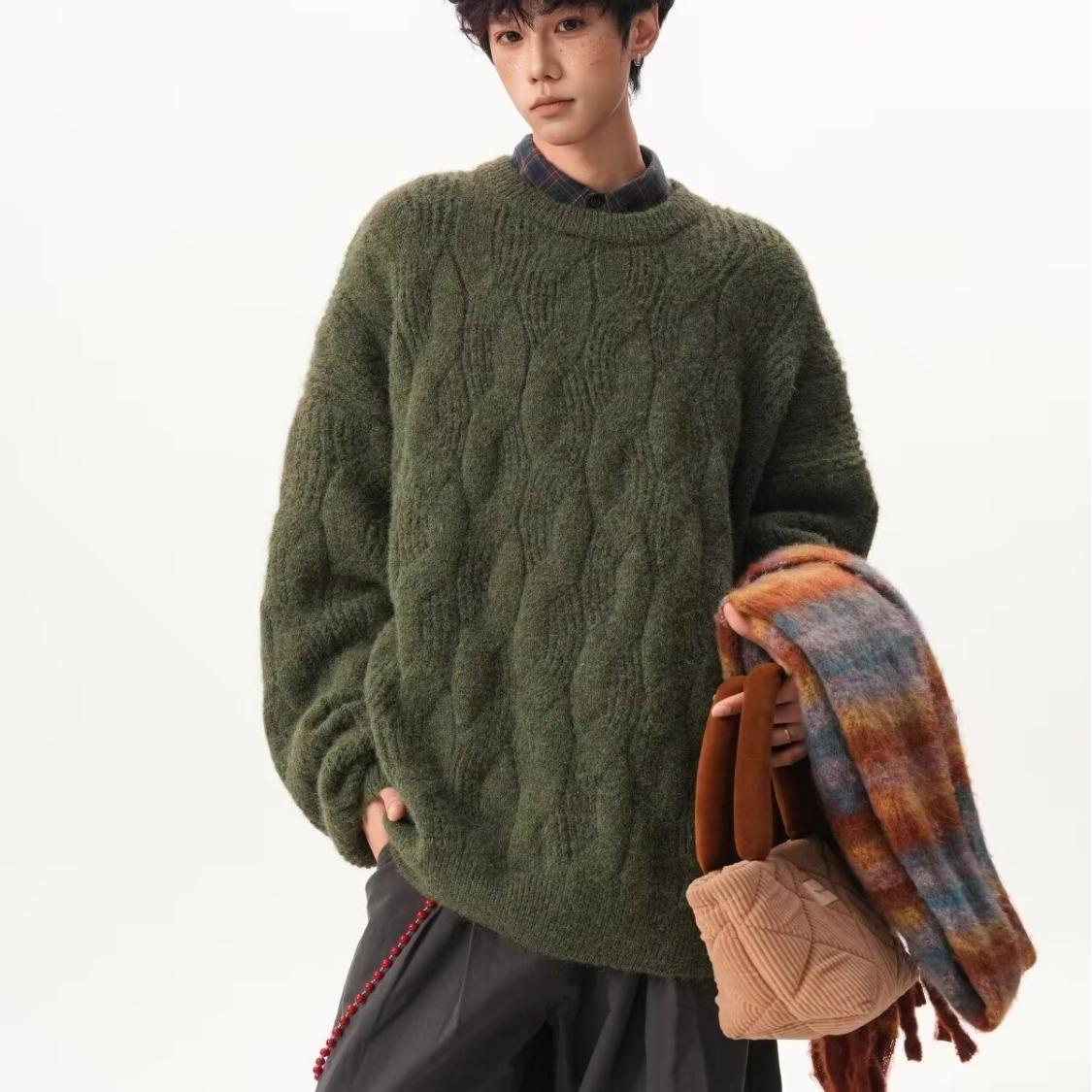 

Men s American Cable Knit Heavy Sweater - Autumn/Winter Couple Style, High Street Fashion, Versatile Trendy Knitwear 3XL зелений