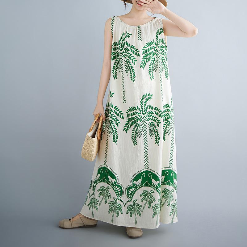 Summer Plus Size Leaf Print Cinched Waist Beach Dress - Elegant Long Skirt Plus Size One Size