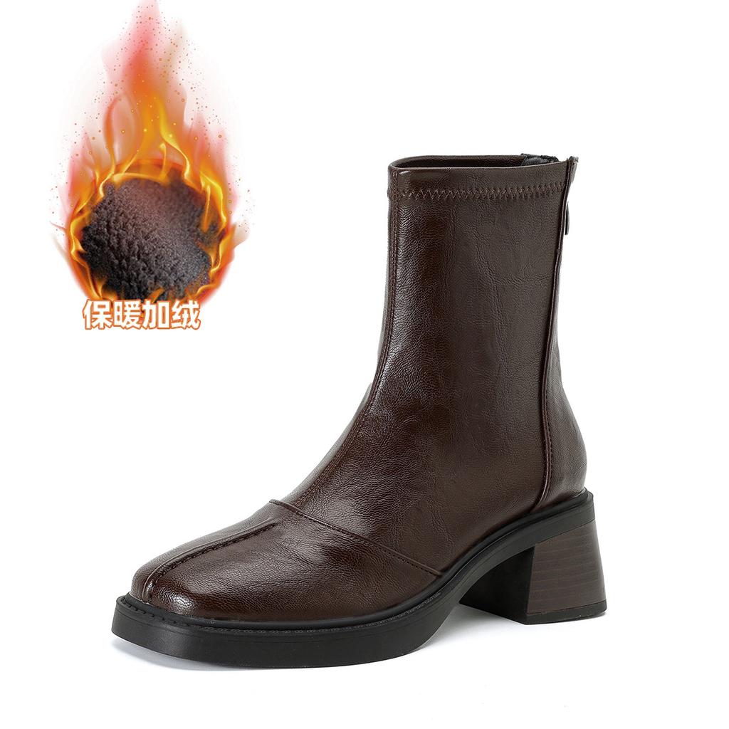 High heeled short boots for women in autumn and winter 2026  thick heel short tube square toe short boots with plush slim boots