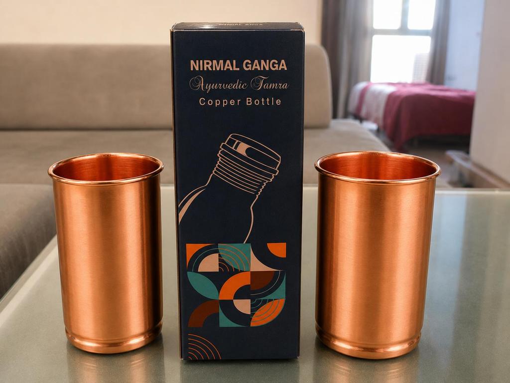 Nirmal Ganga Plain Copper Drinking Glass (Pack of 2) | Pure Copper Water Tumbler | Traditional Reusable Drinkware