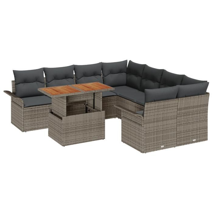 VidaXL Ensemble de canapé de jardin 9 pièces avec coussins gris en polyrotin et acacia 3349313
