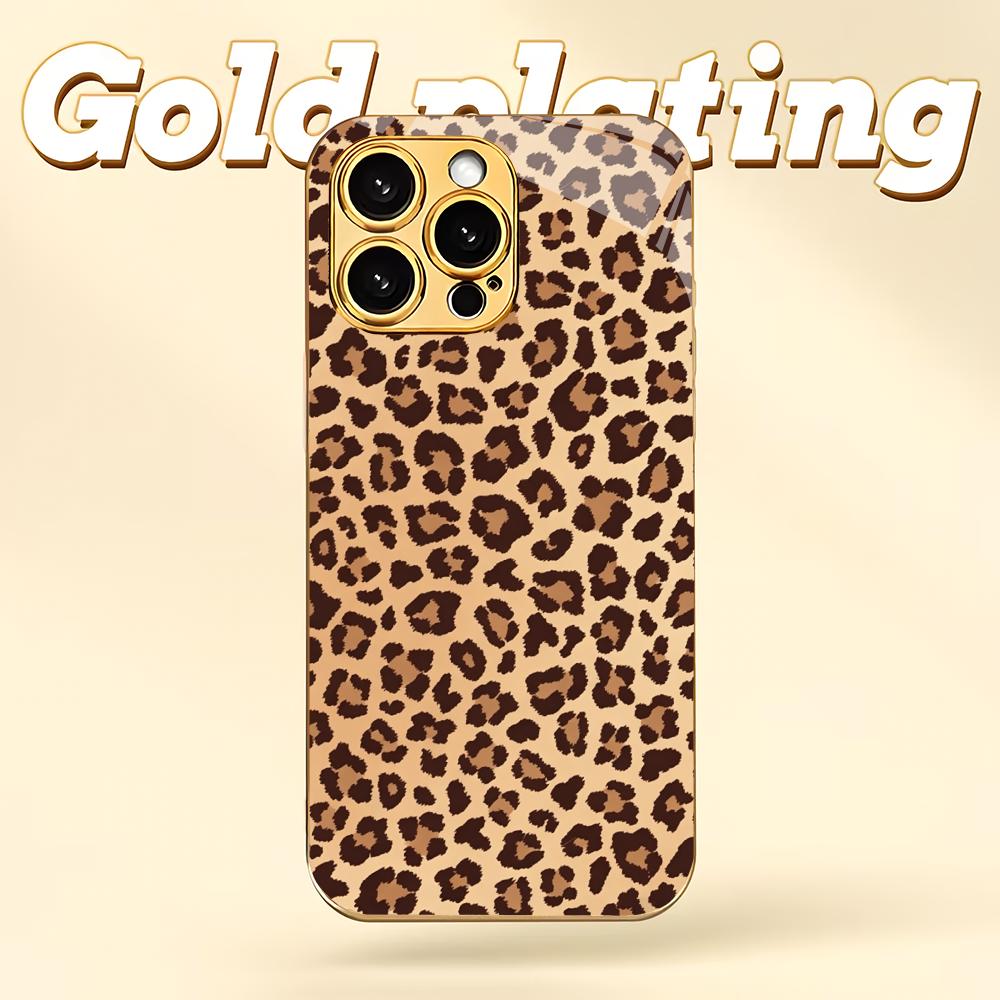 Goldfarbene Leopardenmuster-Metallic-Lackierung Glas-Handyhülle geeignet für iPhone 17 16 15 14 13 12 11 Pro Max Plus stoßfeste Rückseite