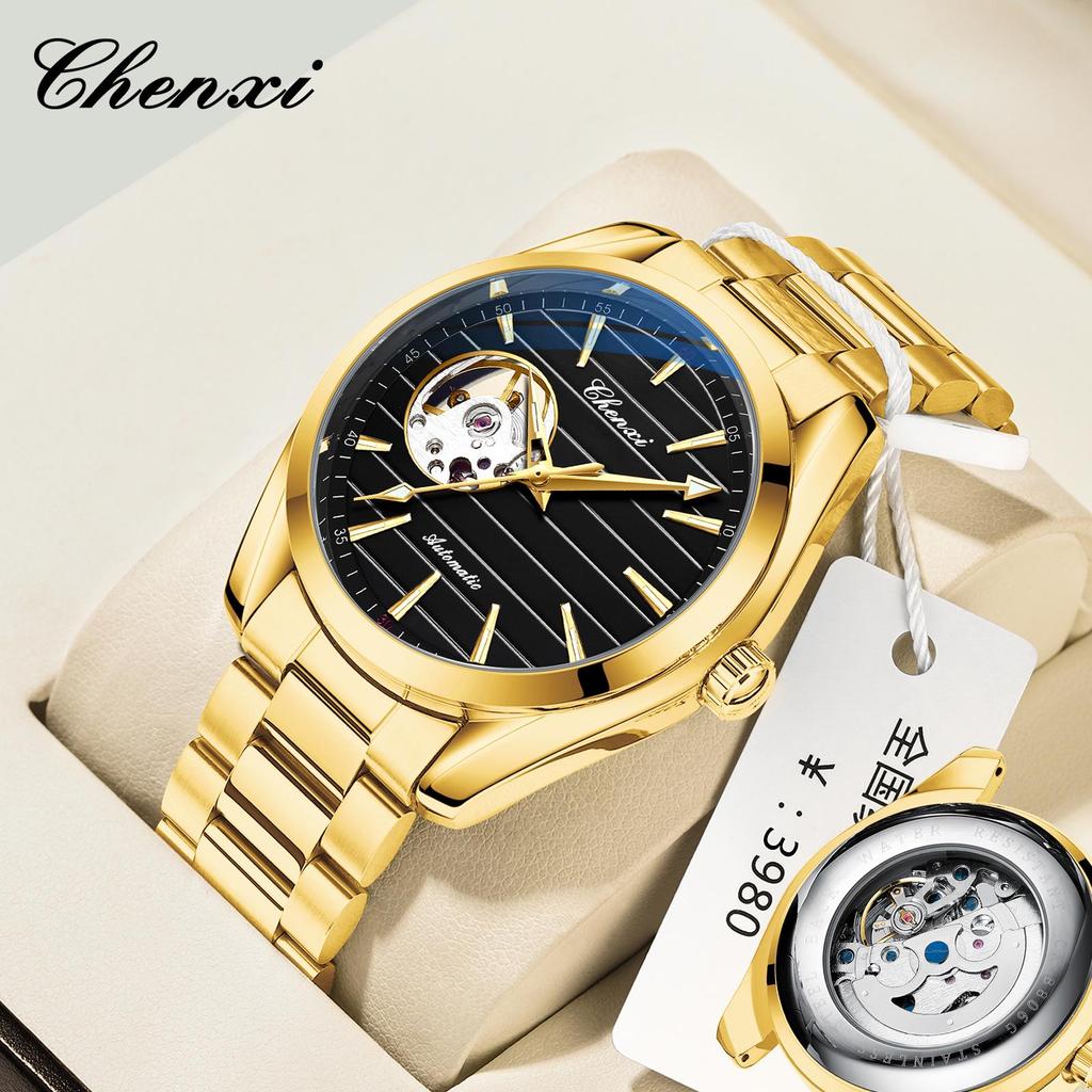 CHENXI Men's Luminous Waterproof Skeleton Automatic Mechanical Watch with Steel Band