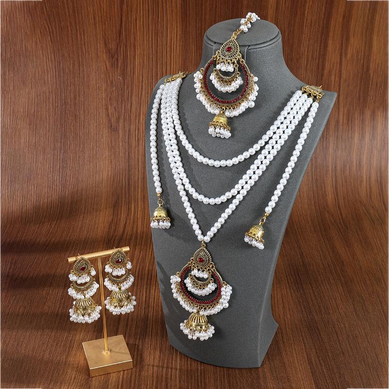 Multi-layer Pearl EarringsNecklaces Hair Chain SetsHigh-end Retro Ethnic Style Accessories