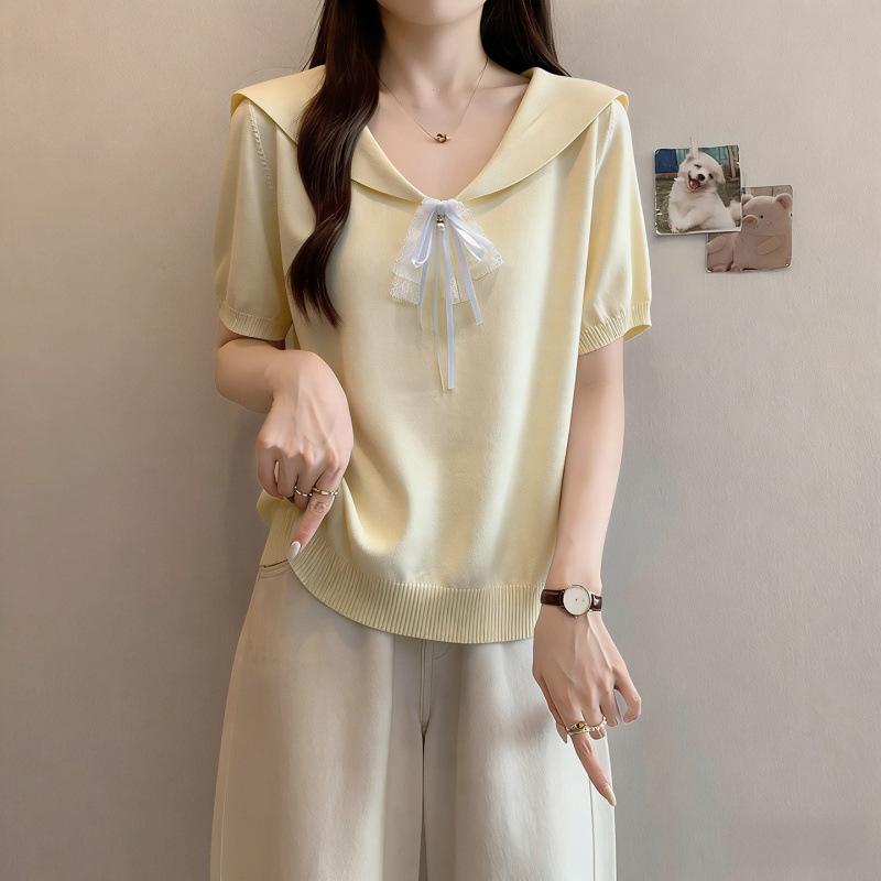 

Plus Size Women s Ice Silk Doll Collar Short Sleeve Knit Top - Summer Slimming Style 2XL жовтий