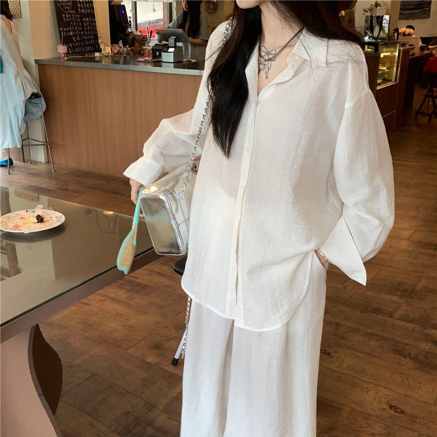Extra-Large Relaxed Casual Wide-Leg Linen Pants & Slimming White Shirt for Women
