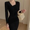 Fall Winter Cross Square Collar Sweater Dresses Women Long Sleeve Bodycon Slim Bottoming Office Party Knitted Dress