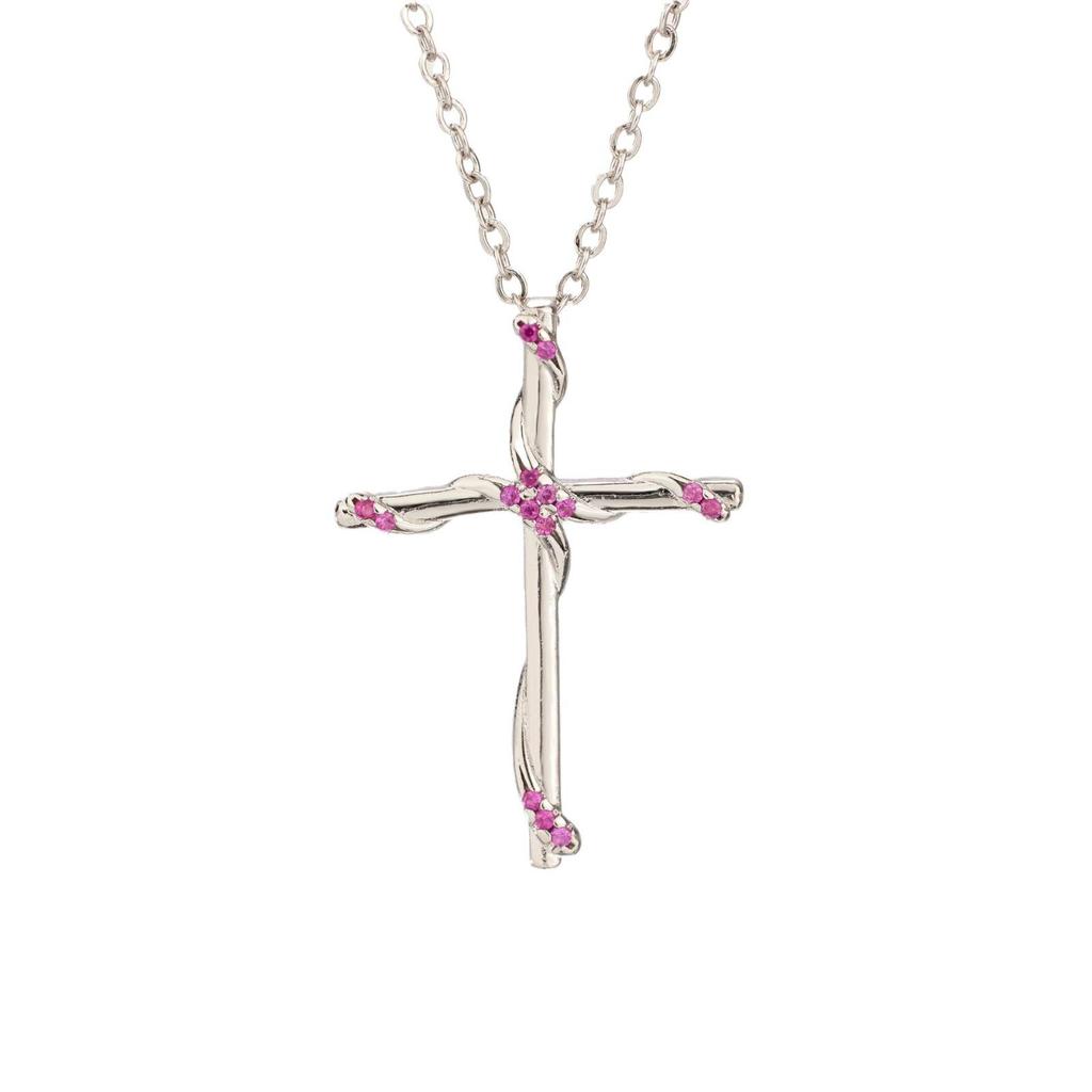 Red Corundum Cross Pendant Necklace in White Gold Plating - Christmas Gift
