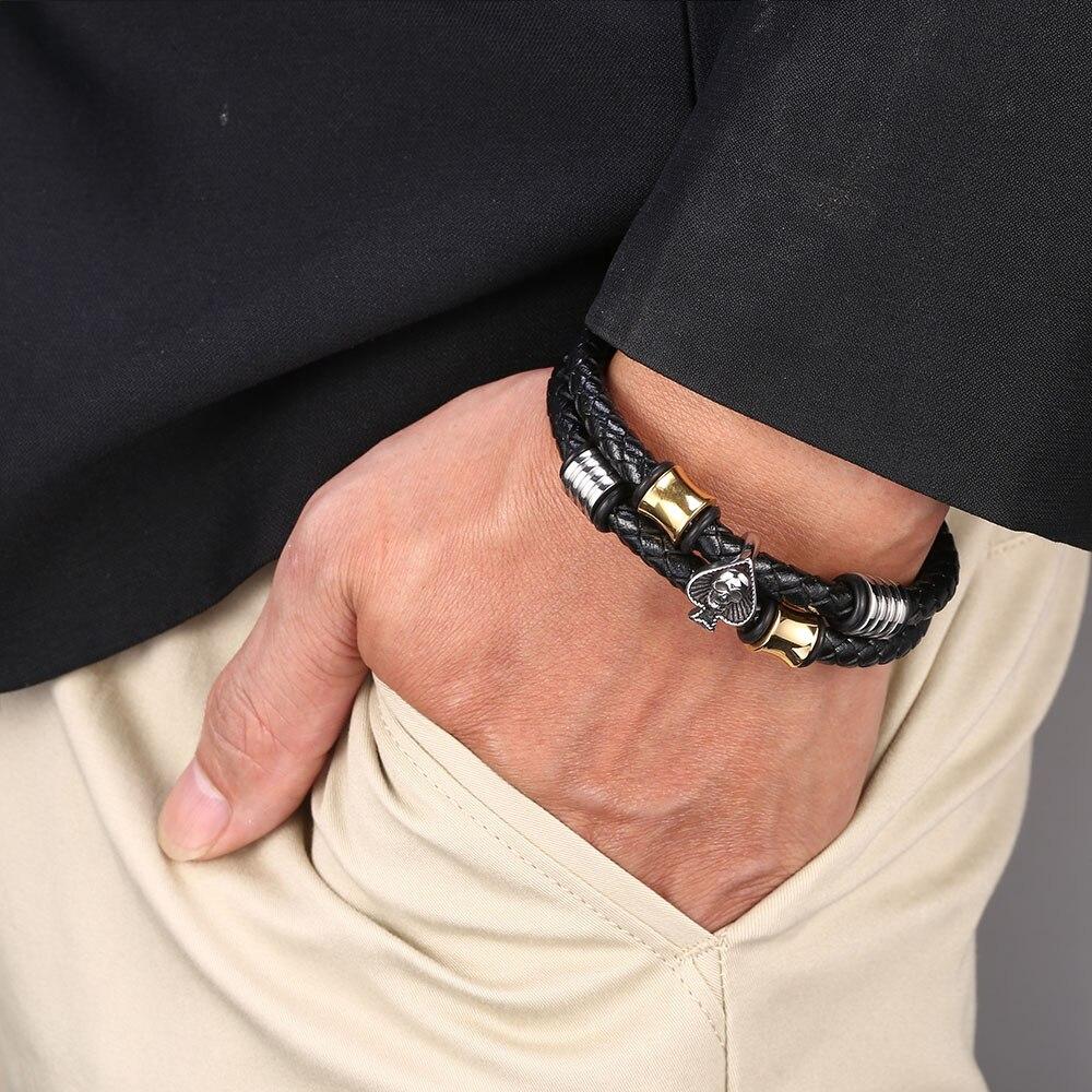 Spades Skull Stainless Steel Punk Men Leather Bracelet Multiple Handchain Bangle Exquisite Jewelry Party Favors