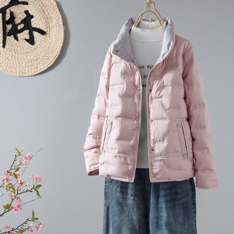 Dámský zimní stojáček s límečkem s dlouhým rukávem, jednobarevný, s volnými kapsami, ležérní bílý kabát s kachním peřím