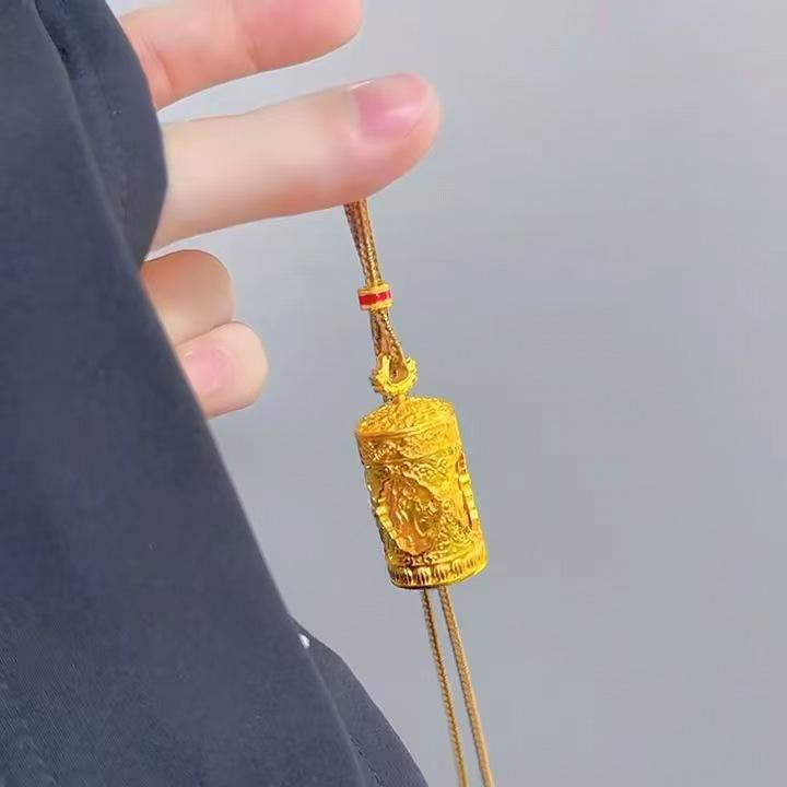Gold Four-Faced Buddha Prayer Wheel Pendant with Rotatable Sand Gold Barrel Chain