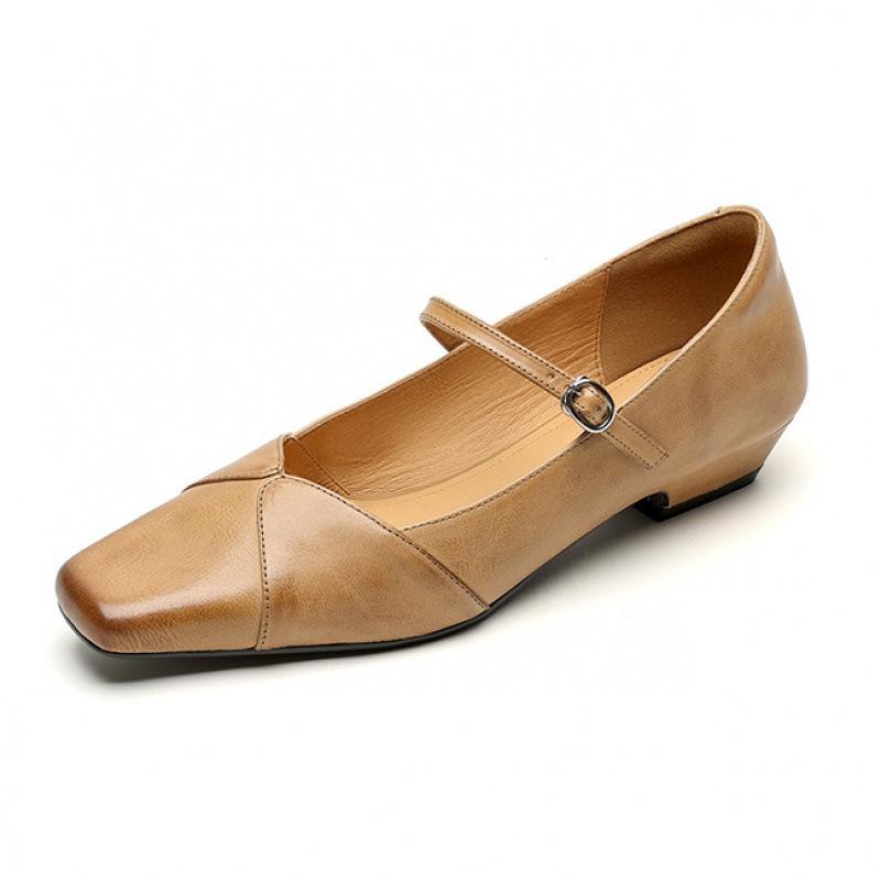 New Comfortable Beef Tendon Small Leather Shoes Low Heel One Pedal Four Seasons Wear Fashion Single Shoes Leather Large Size Shoes Flat Heel Square 