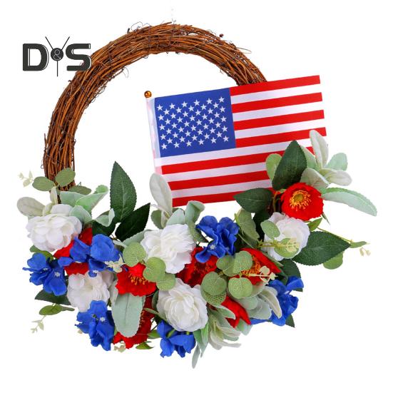 

Патриотический венок из ротанга 4 июля, красный, белый, синий, День независимости, цветочная гирлянда для украшения стены входной двери на День памяти 1pc