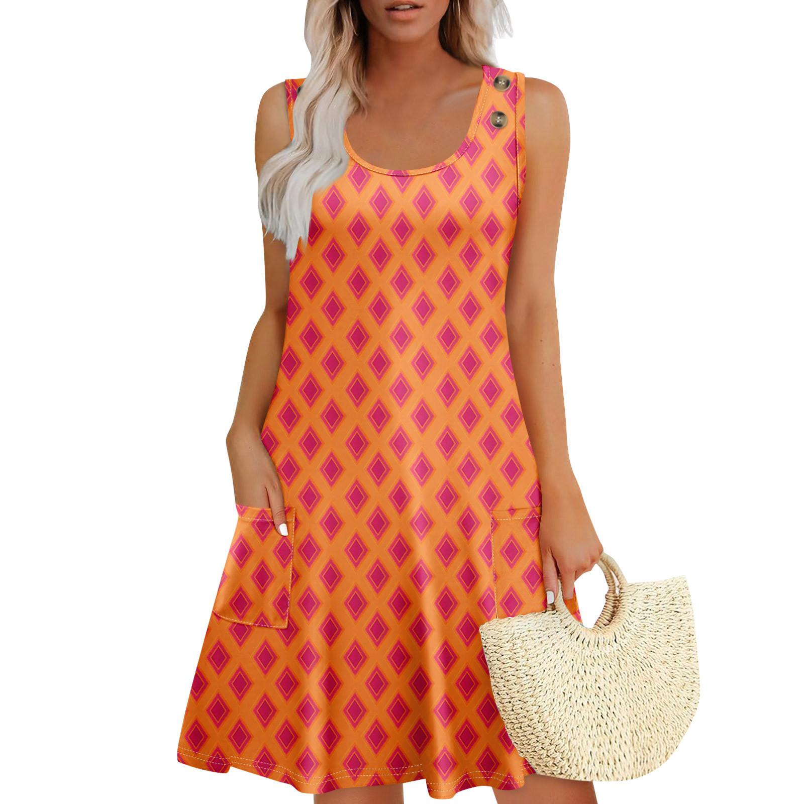 

Летние платья для женщин Пляжный Бохо Без рукавов Принт Струящиеся Карманы Футболки Сарафаны XL шафрановый