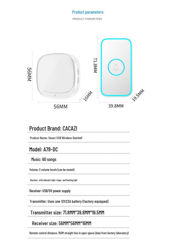 Smart USB Wireless Doorbell with Long-Range Remote Control and Call Button for Elderly Patients